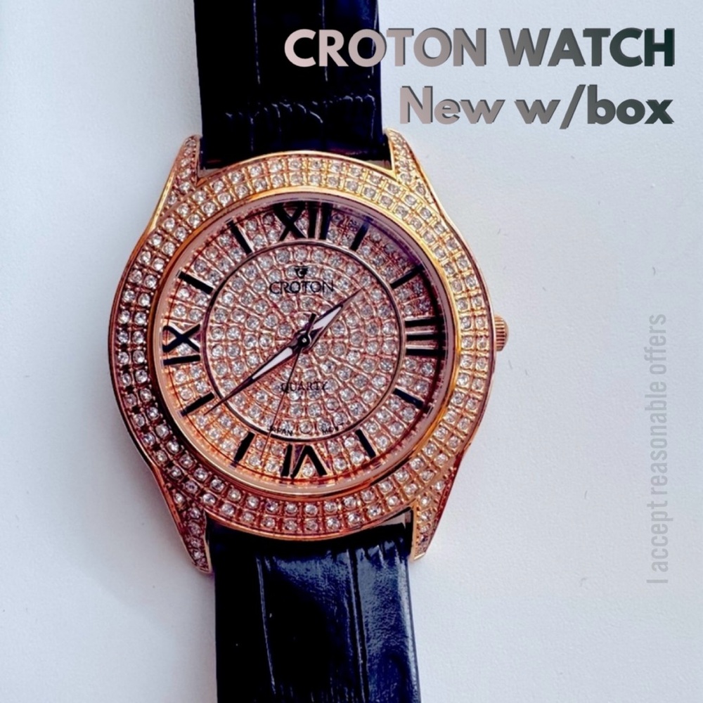NEW Croton watch rose gold and crystal face and bezel, glow hands, leather strap